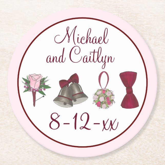 Bröllop Klockor Flowers Bow Tie Möhippa Bukett med Underlägg Papper Rund (Framsidan)