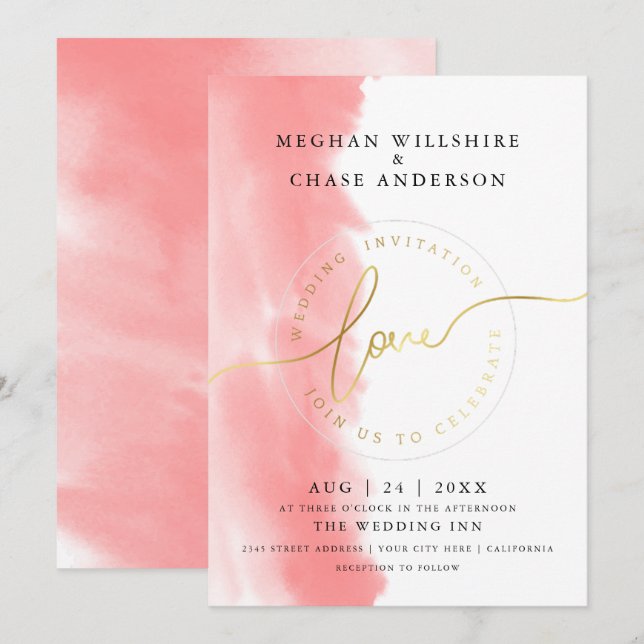 BRÖLLOP | Korall Ro Watercolor Inbjudningar (Fram/baksida)