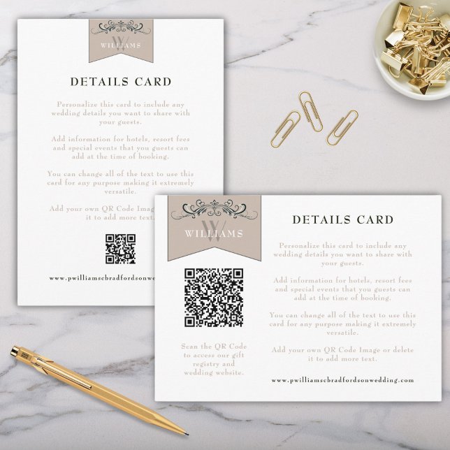 Bröllop-kort för svart elegant, kapitel, infogning tilläggskort (Vertical and Horizontal Elegant Vintage Wedding Details Cards with QR Code Space Included)