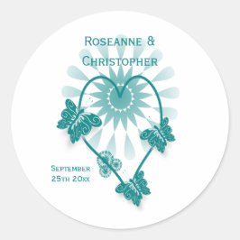 Bröllop-kuvert, förseglingsetikett Teal Butterflie Runt Klistermärke