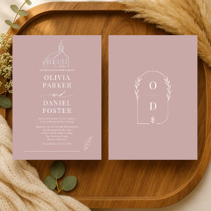 Bröllop Kyrka Kapell Mauve Rosa Linjekonst Bröllop Inbjudningar