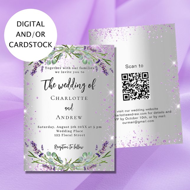 Bröllop lavender silver eucalyptus QR- kodade OSA Inbjudningar (Skapare uppladdad)
