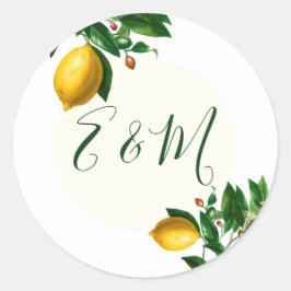 Bröllop Lemon Botanical Simple Monogram, sommartid Runt Klistermärke
