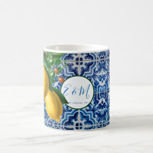Bröllop Lemons Blue White Tile, sommarmonogram Kaffemugg