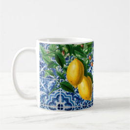 Bröllop Lemons Blue White Tile, sommarmonogram Kaffemugg