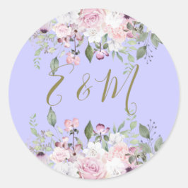 Bröllop Lila Blommigt Monogram, sommartid, Guld Runt Klistermärke