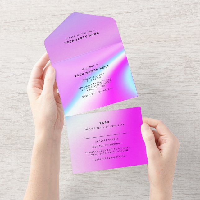 Bröllop Lila Holografisk Modern Elegant (Avrivbar del)