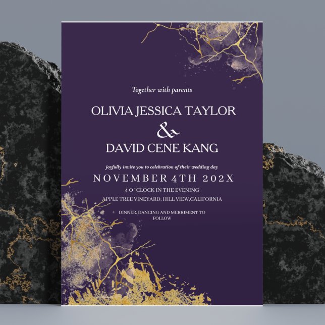 BRÖLLOP LILA INVITATIONER, MODERN INBJUDAN, GULD INBJUDNINGAR (Skapare uppladdad)