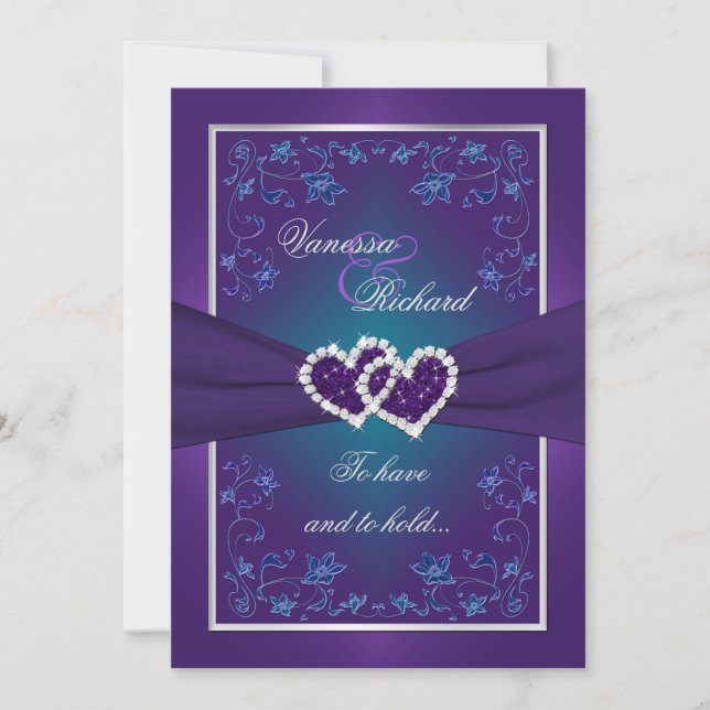 Bröllop | Lila, kalk | BLOMMIGT | Hearts FAUX Foil Inbjudningar (Framsida)