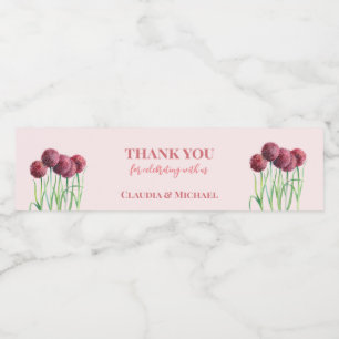 Bröllop Lila Rosa Alliums Flower Watercolor Vin Vattenflaskor Etikett