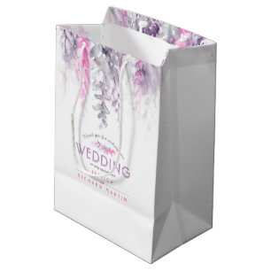 Bröllop lila rosa blommor tack vare presentsäcken