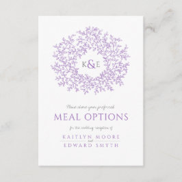 Bröllop lila, vita löv-monogrammet för måltider tilläggskort
