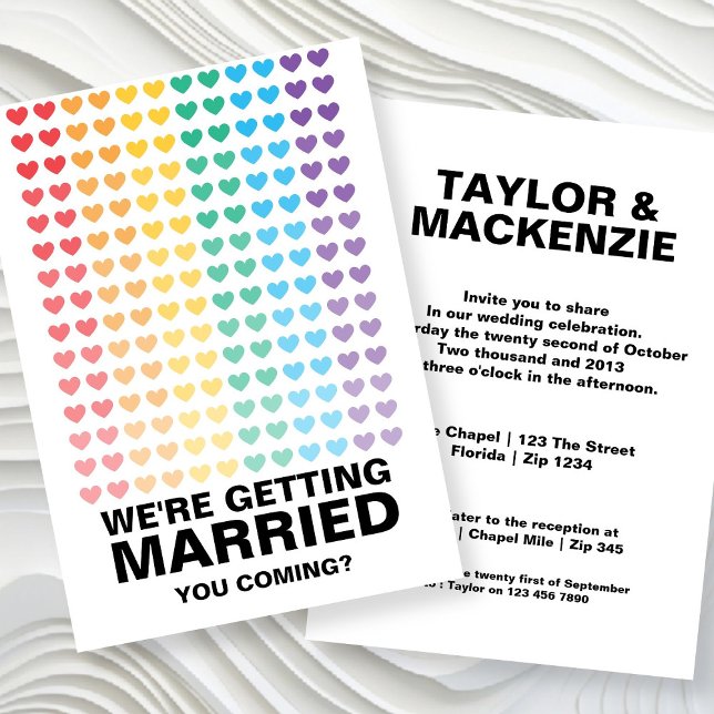 Bröllop Ljud Gay Roligt Rainbow Pride   Inbjudningar (Wedding Sounds Gay Fun Rainbow Pride Invitations by Ricaso. Same sex wedding invites with hearts)
