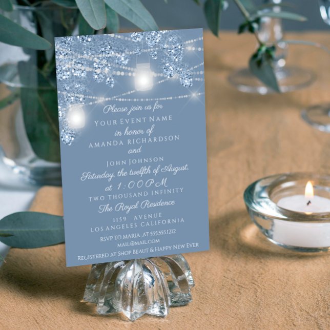 Bröllop Ljus Burk Rustic Glitter Dusty Blue Inbjudningar (Skapare uppladdad)