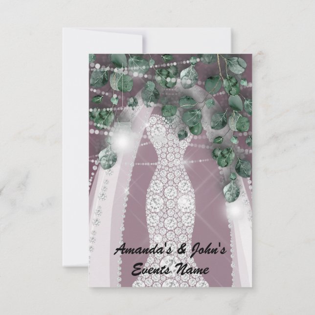 Bröllop Ljus Rustic Grönt Dress Diamond Violet Inbjudningar (Baksida)