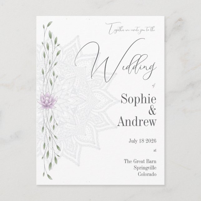 Bröllop Löv och Rosa Lotus med Mandala Inbjudan Vykort (Framsida)