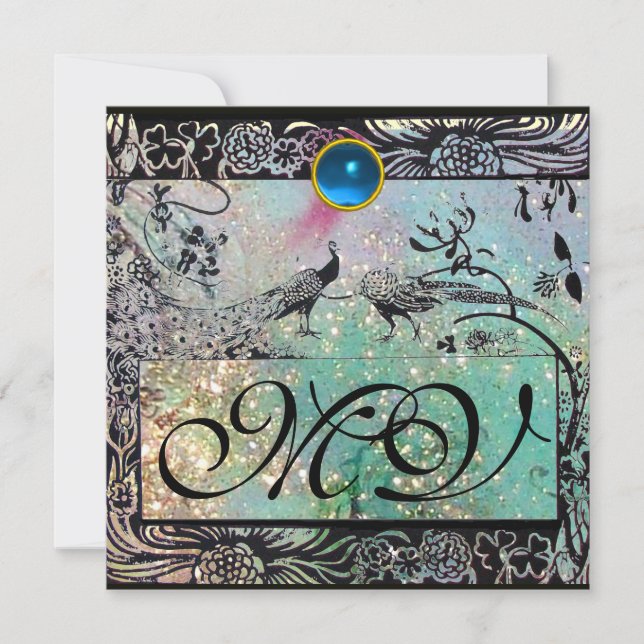 BRÖLLOP LOVE BIRDS MONOGRAM Black Aqua Blue Blommi Inbjudningar (Framsida)