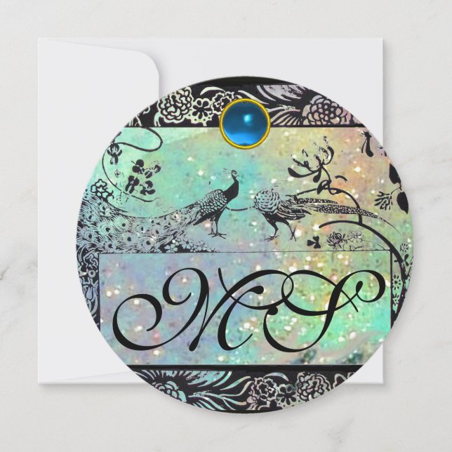 BRÖLLOP LOVE BIRDS MONOGRAM Svart grönt champagne Inbjudningar (Framsida)