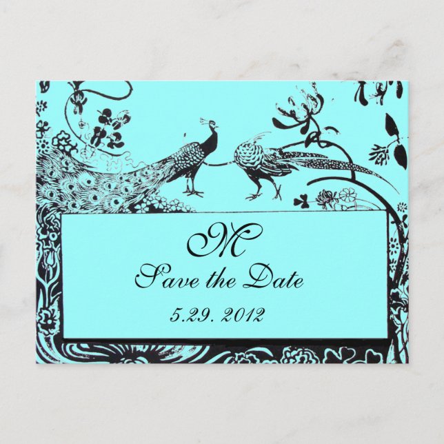 BRÖLLOP LOVE BIRDS MONOGRAM, svart och vit blått Vykort (Framsida)