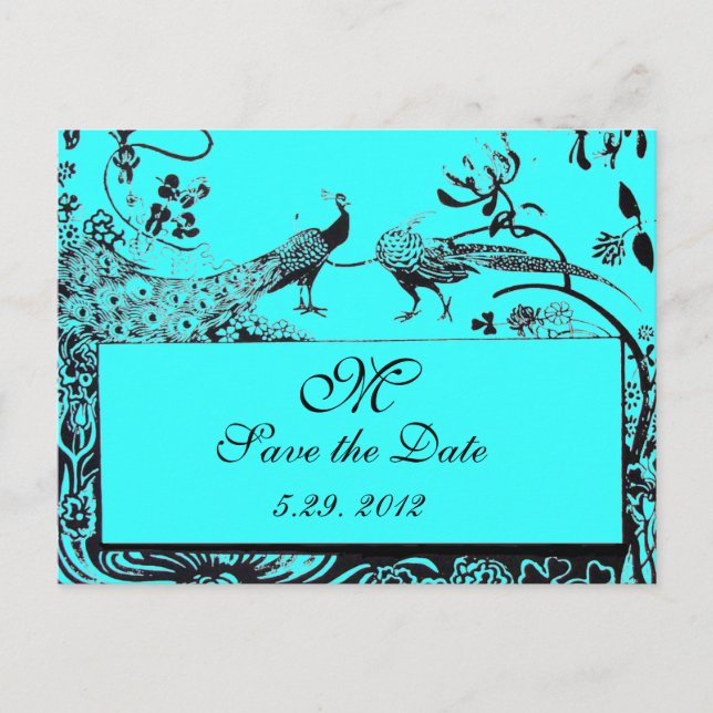 BRÖLLOP LOVE BIRDS MONOGRAM, svart och vit blått Vykort (Framsida)