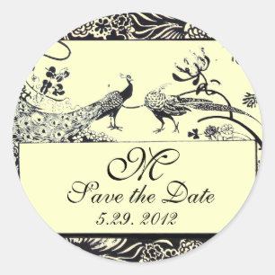 BRÖLLOP LOVE BIRDS MONOGRAM, svart och vit grädde Runt Klistermärke