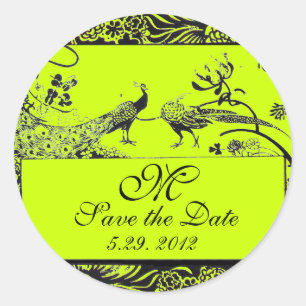 BRÖLLOP LOVE BIRDS MONOGRAM svartvit grönt Runt Klistermärke