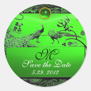 BRÖLLOP LOVE BIRDS MONOGRAM svartvit grönt Runt Klistermärke