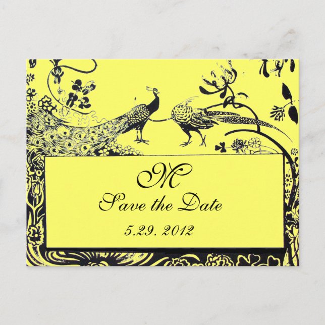 BRÖLLOP LOVE BIRDS MONOGRAM svartvit gult Vykort (Framsida)