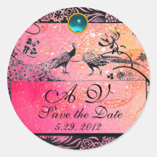 BRÖLLOP LOVE BIRDS MONOGRAM svartvit rosa Runt Klistermärke