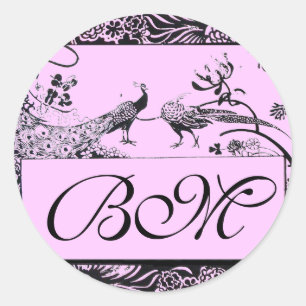 BRÖLLOP LOVE BIRDS MONOGRAM, svartvit rosa Runt Klistermärke