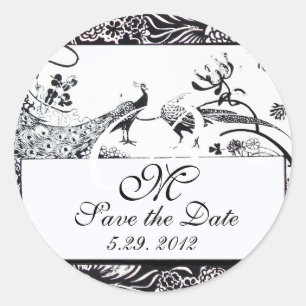 BRÖLLOP LOVE BIRDS MONOGRAM, svartvit Runt Klistermärke