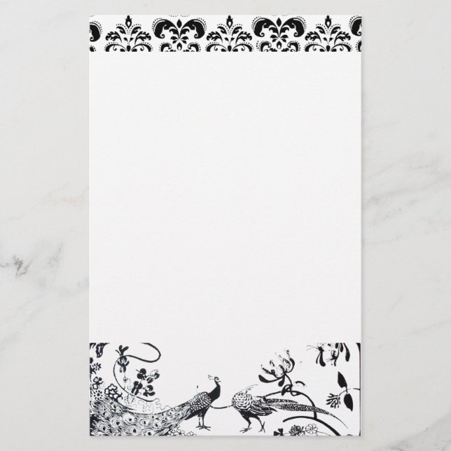 BRÖLLOP LOVE BIRDS Svartvit peacocks Damask Brevpapper (Framsida)
