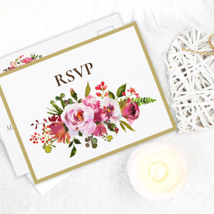 Bröllop Magenta Rosa Korall Blommig Guld Kant RSVP Inbjudan Vykort