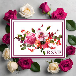 Bröllop Magenta Rosa Korall Blommig RSVP Inbjudan Vykort