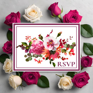 Bröllop Magenta Rosa Korall Blommig RSVP Inbjudan Vykort