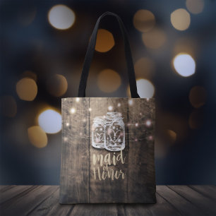 Bröllop Maid of honor Wood Mason Burk String Ljus Tygkasse