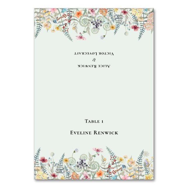 Bröllop-mappat platskort för Wildblomme Mint Grönt Bordsnummer (Framsidan)