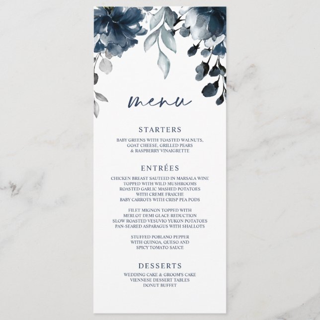 Bröllop Marinblå Blommor Grönska Silver Meny (Framsida)