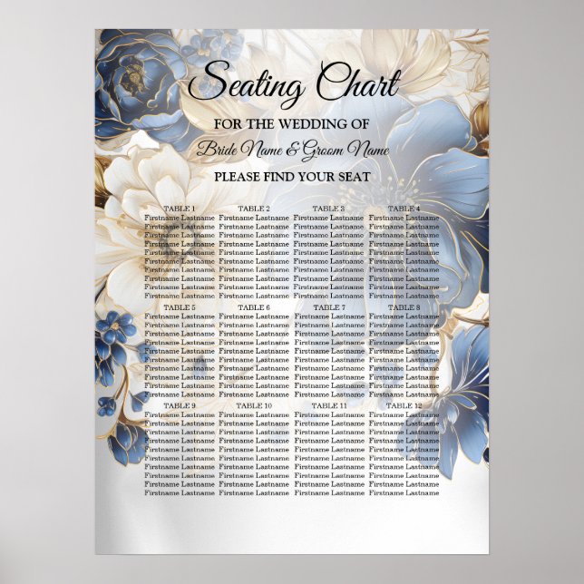 Bröllop Marinblå Vit Guld Blommig Silver Poster (Framsidan)