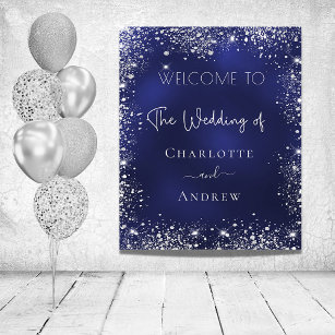 Bröllop marinblått silver glitter poster