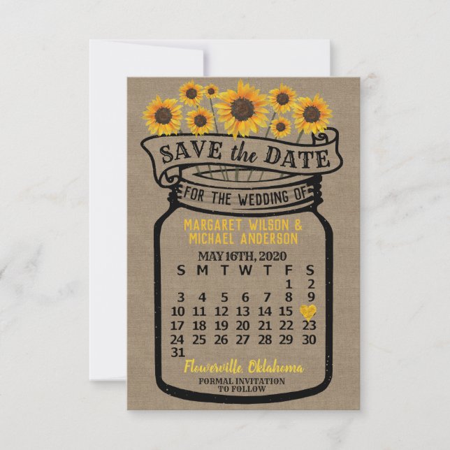 Bröllop Mason Burk Sunblommor May 2020 Calendar Spara Datumet (Framsida)