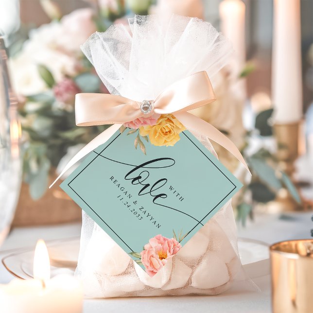 Bröllop med blommande pionros med kärlek gåvor etiketter (Skapare uppladdad)