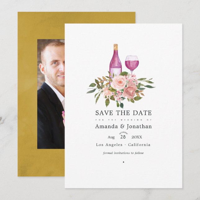 Bröllop med blommande rosé och guld vinprovning spara datumet (Fram/baksida)