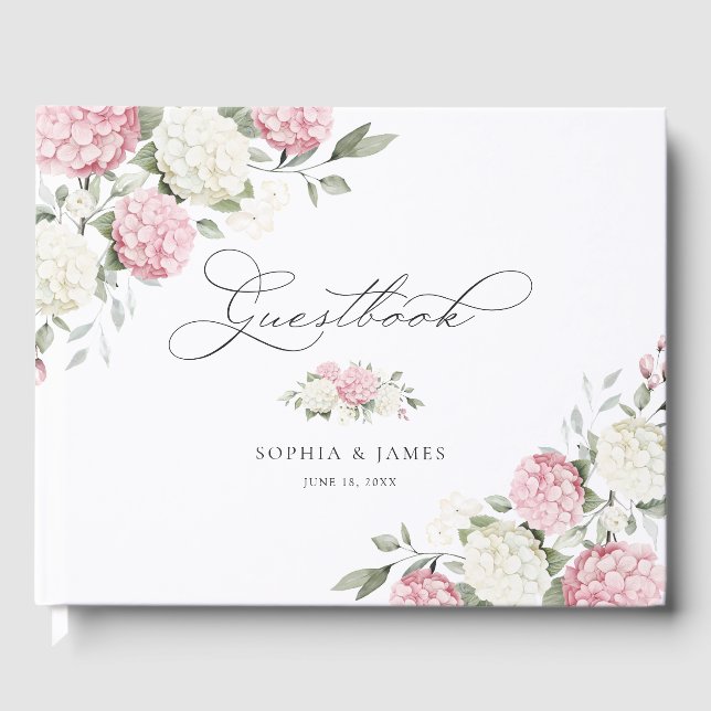 Bröllop med blomsterdoftande rosa hydrangea grönsk gästböcker (Framsida)