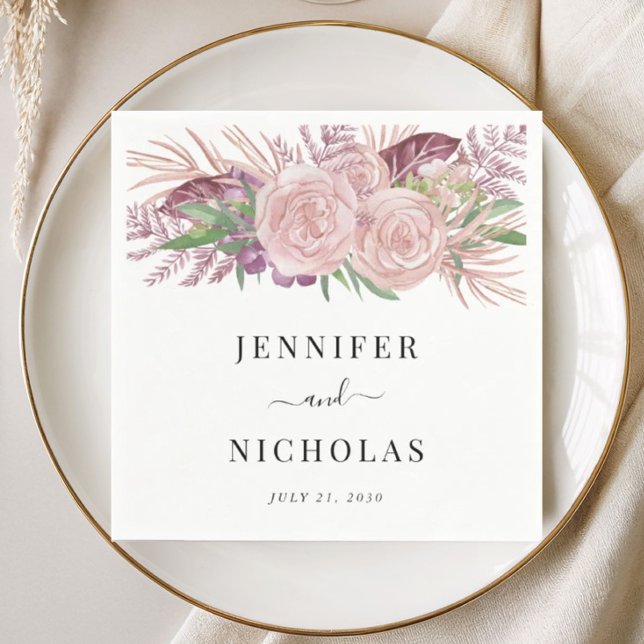 Bröllop med blomvattenfärg i rosaton pappersservett (Floral Watercolor Blush Pink Wedding Napkins)