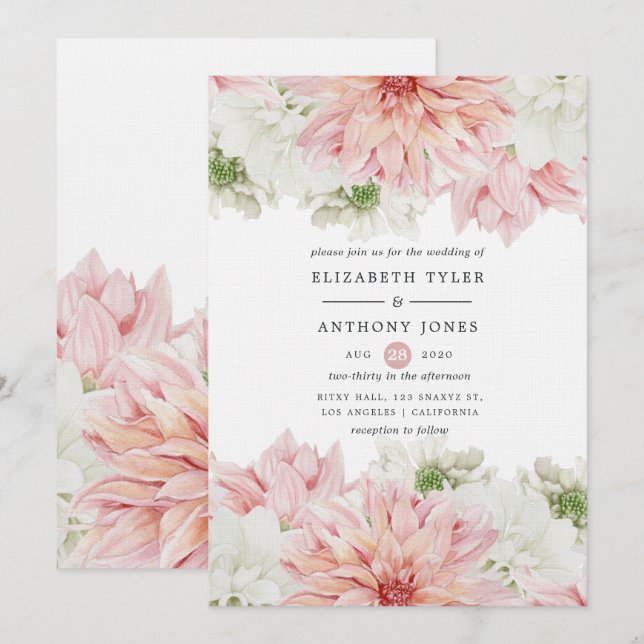 Bröllop med Blush Dahlias Blommor Inbjudningar (Fram/baksida)