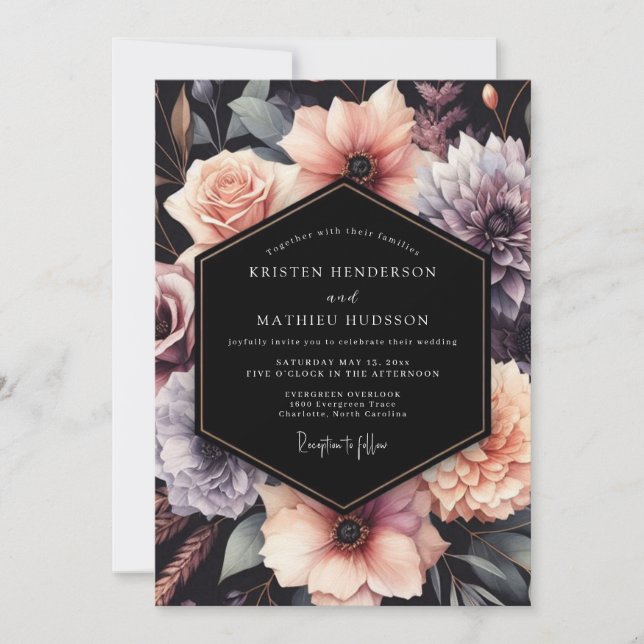 Bröllop med Blush Noir Blommor Inbjudningar (Framsida)