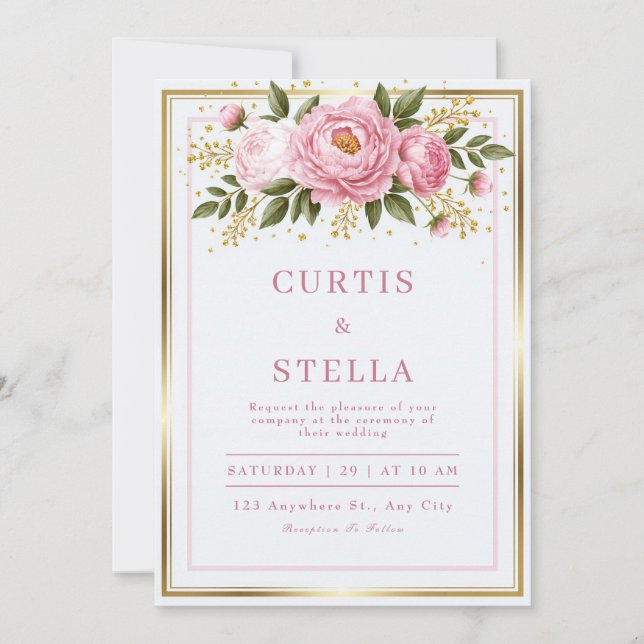 Bröllop med Blush Peony Guld Folie Ram Inbjudningar (Framsida)