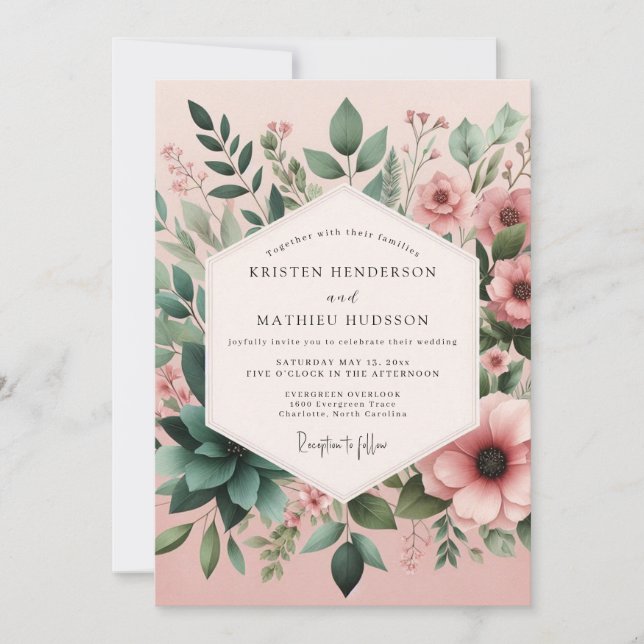 Bröllop med Blush Sage Sukkulentblomning Inbjudningar (Framsida)