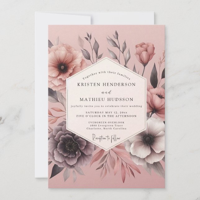 Bröllop med Blush Sepia Blommor Inbjudningar (Framsida)